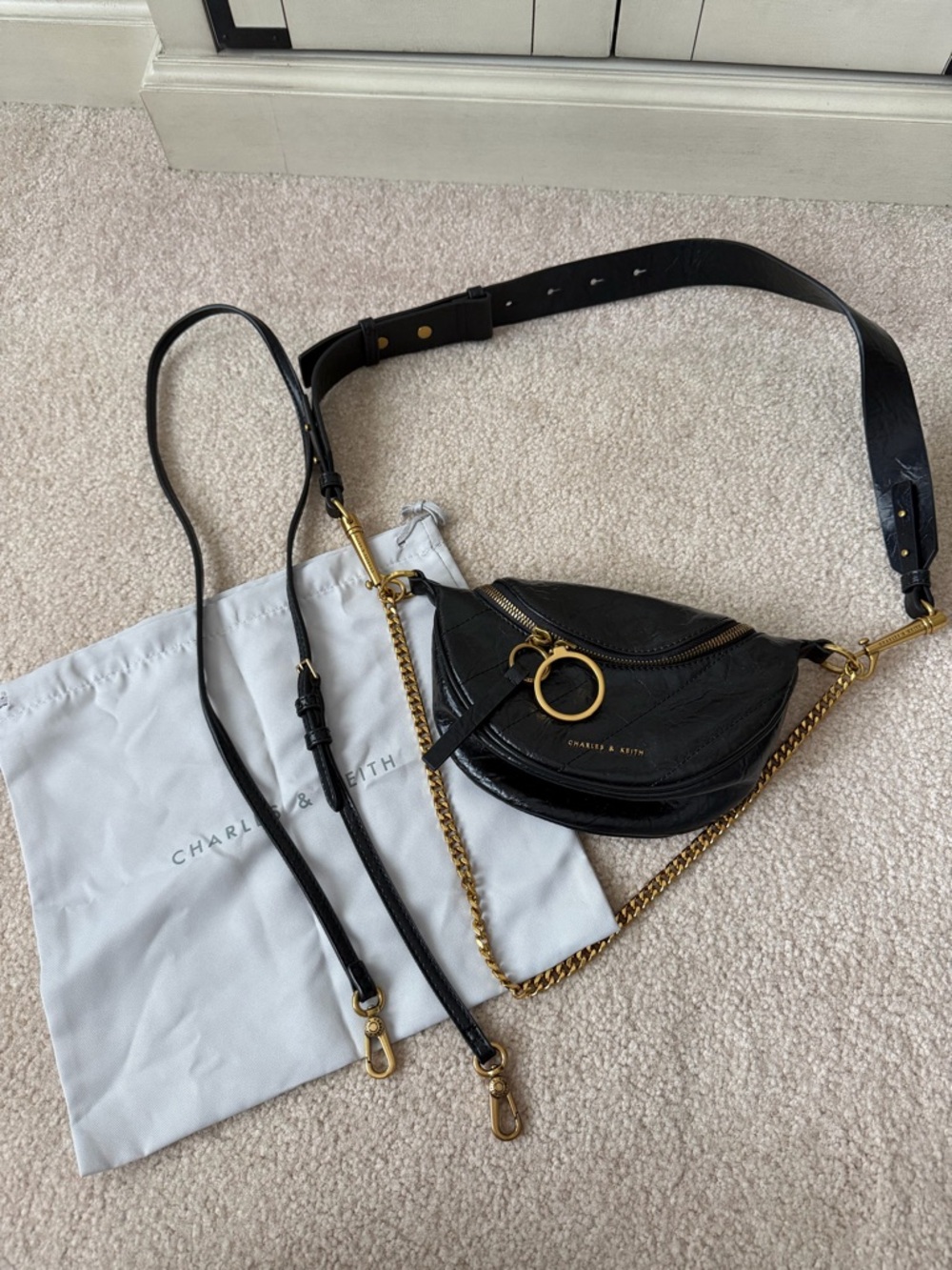 Charles & Keith Black Crescent Crossbody with Gold Chain & Ring